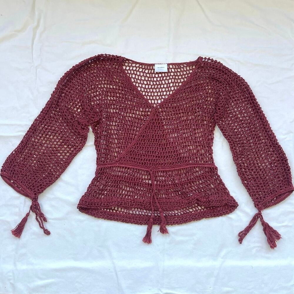 Anna Kosturova Hand Crochet Maroon V-Neck Top Size Medium Boho